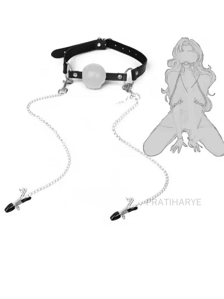 2PC BDSM Set - Gag Ball with Nipple Clamp - View 3