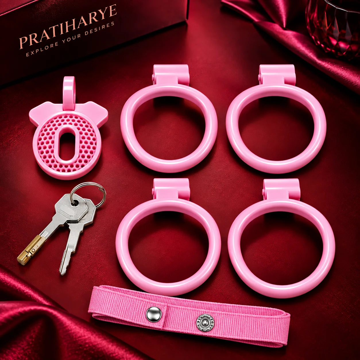 Plastic Chastity Cage with 4 Rings - Pink alternate view
