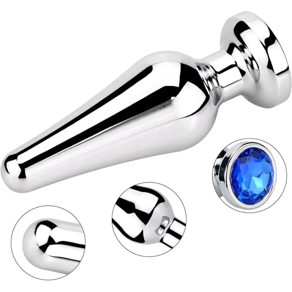 Premium Stainless Steel Silver Anal Plug Blue Jewel alternate view
